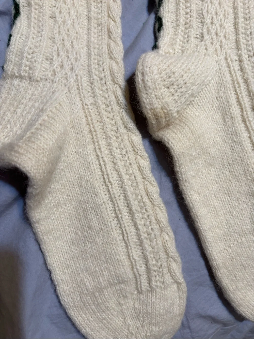 Cream Cable-Knit Arm Warmers with Dark Green Trim